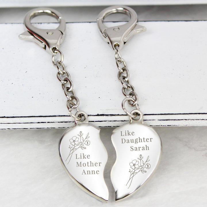 Personalised Floral Mother Daughter Two Heart Keyring – alternative view