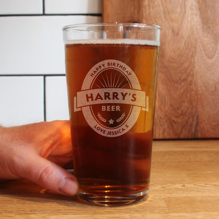 Personalised Beer Label Pint Glass, The Personal Shop, personalised gifts