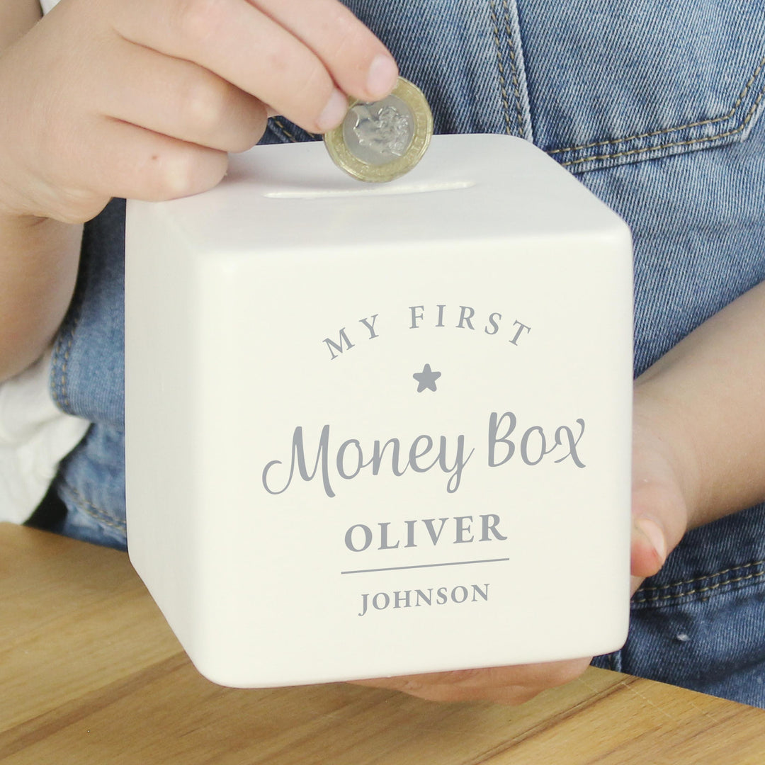 Personalised My First Ceramic Square Money Box – alternative view