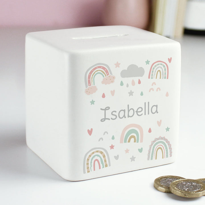 Personalised Rainbow Ceramic Square Money Box – alternative view