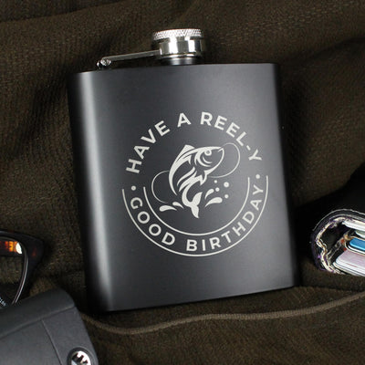 Personalised Fishing Black Hip Flask