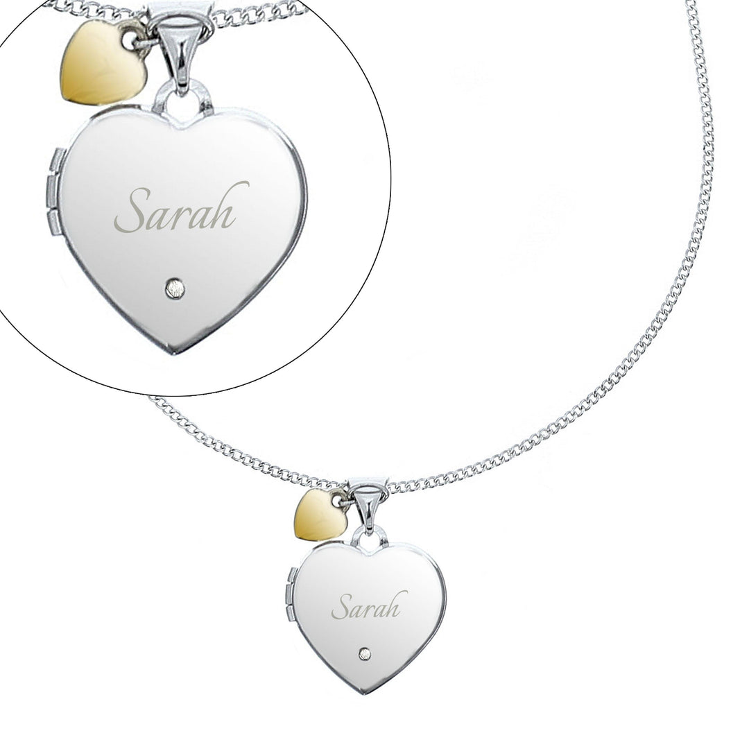 Personalised Sterling Silver Heart Locket Necklace with Diamond and 9ct Gold Charm – alternative view