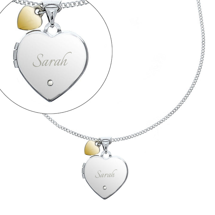 Personalised Sterling Silver Heart Locket Necklace with Diamond and 9ct Gold Charm – alternative view