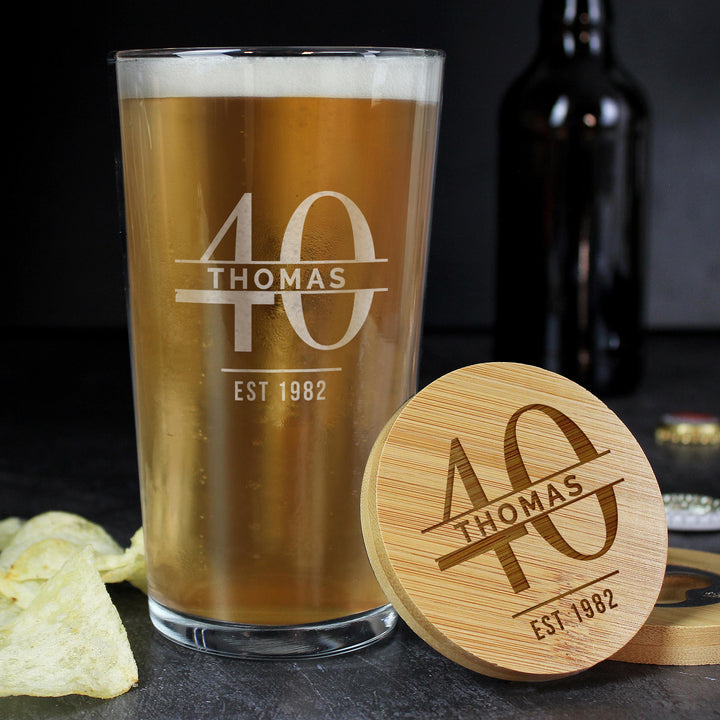 Personalised Big Age Bamboo Bottle Opener Coaster and Pint Glass Set – alternative view