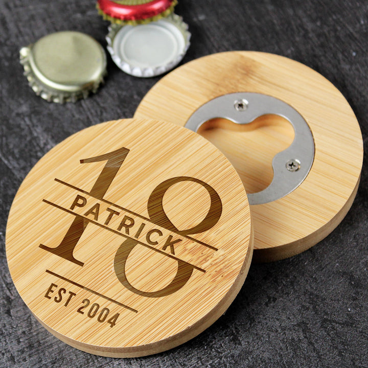 Personalised Big Age Bamboo Bottle Opener Coaster, The Personal Shop, personalised gifts