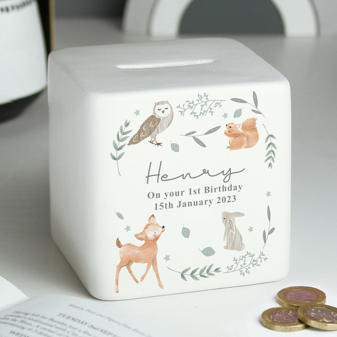 Personalised Woodland Animals Ceramic Square Money Box – alternative view