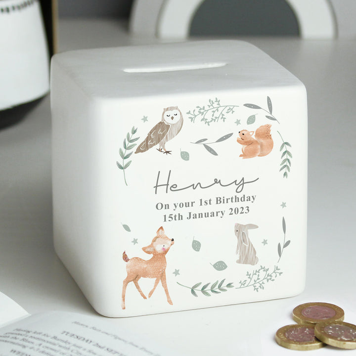 Personalised Woodland Animals Ceramic Square Money Box – alternative view