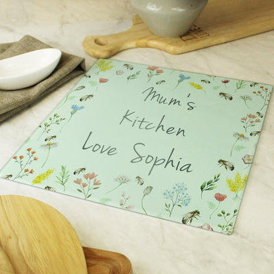 Personalised Busy Bee Glass Chopping Board/Worktop Saver