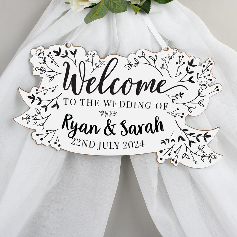 Personalised Monochrome Floral Wedding Wooden Hanging Decoration