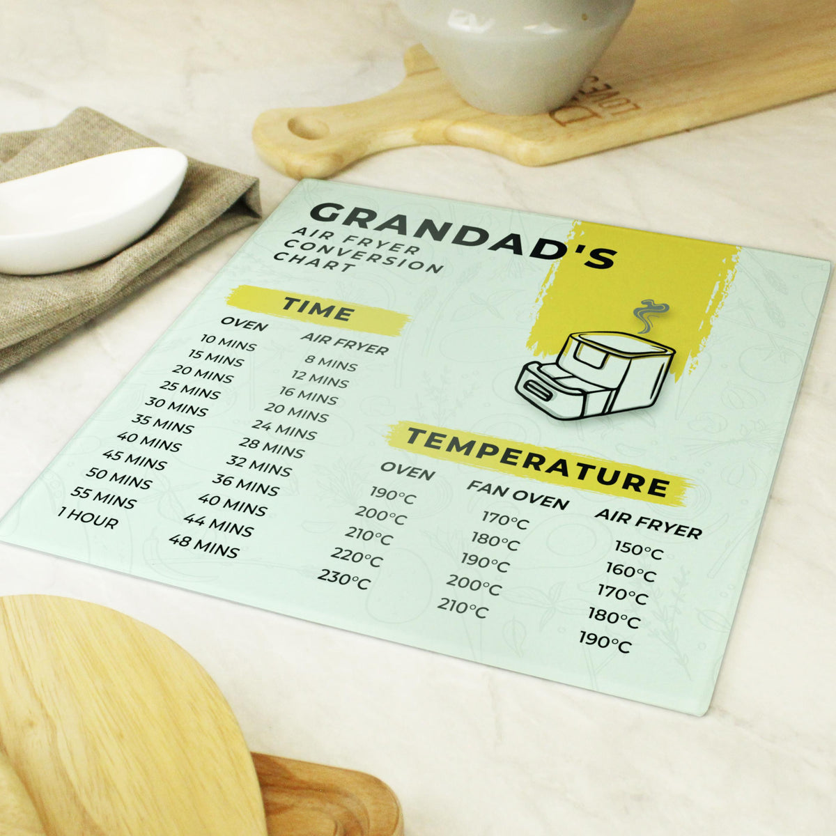Personalised Air Fryer Chart Glass Chopping Board – alternative view