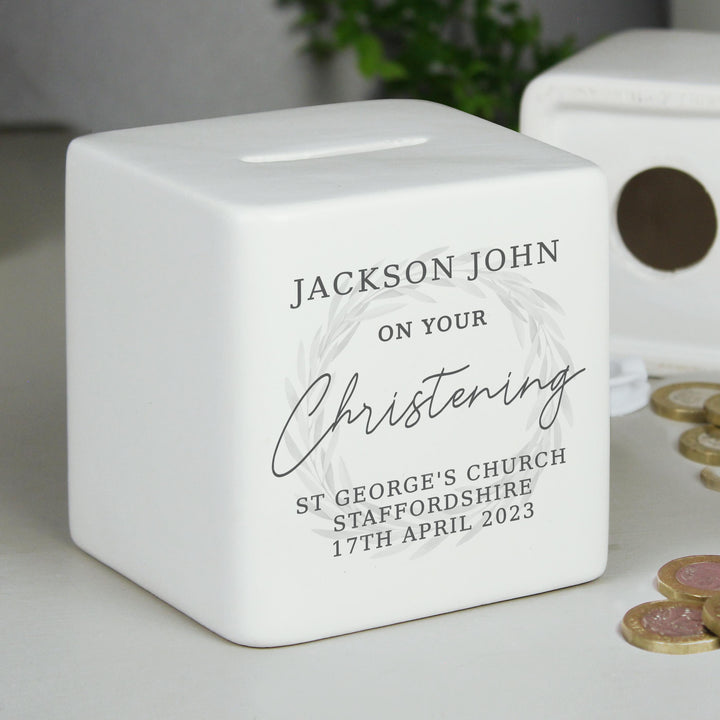 Personalised Christening Ceramic Square Money Box – alternative view