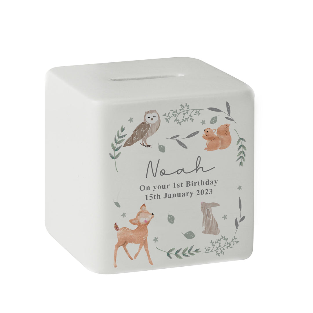 Personalised Woodland Animals Ceramic Square Money Box – alternative view