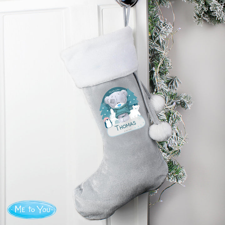 Personalised First Christmas Tiny Tatty Teddy Silver Grey Stocking – alternative view