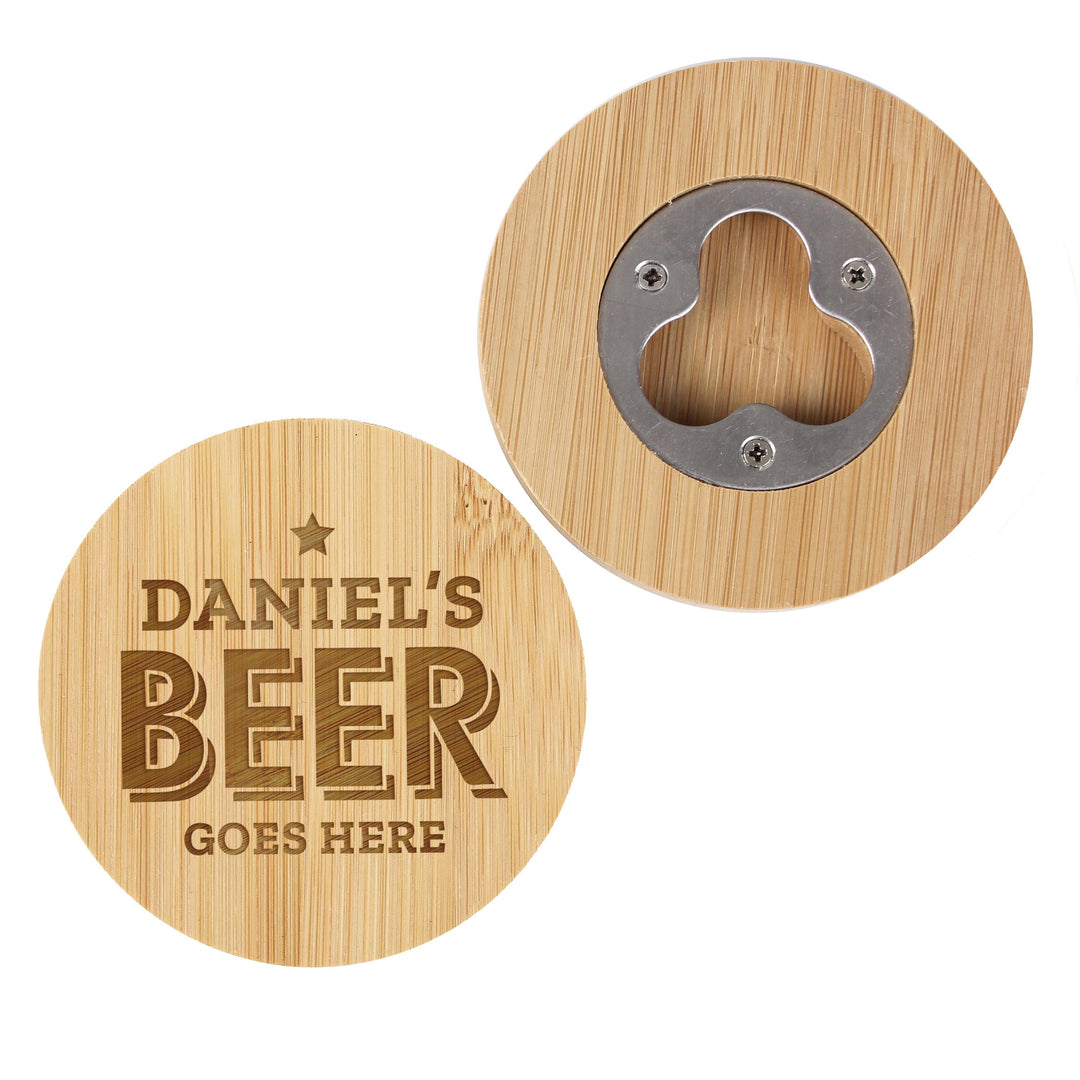 Personalised Beer Goes Here Bamboo Bottle Opener Coaster – alternative view