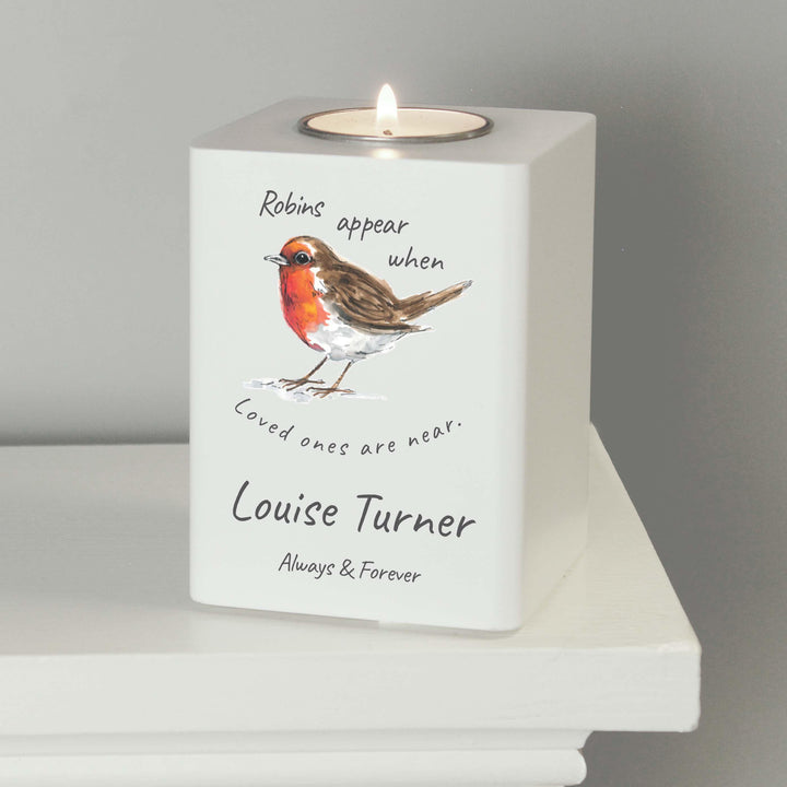 Personalised Robins Appear White Wooden Tea light Holder – alternative view