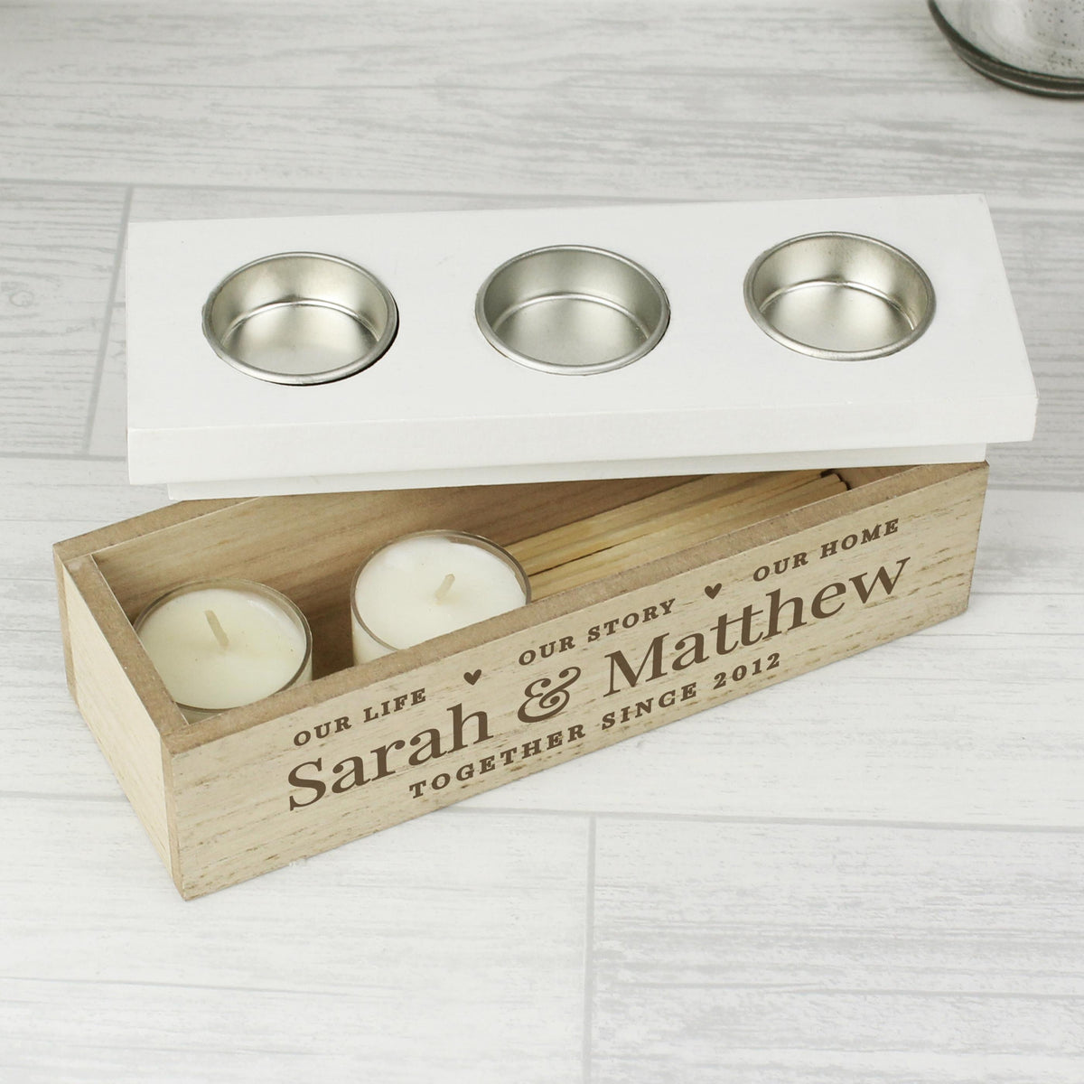 Personalised Our Life Story & Home Triple Tea Light Box – alternative view