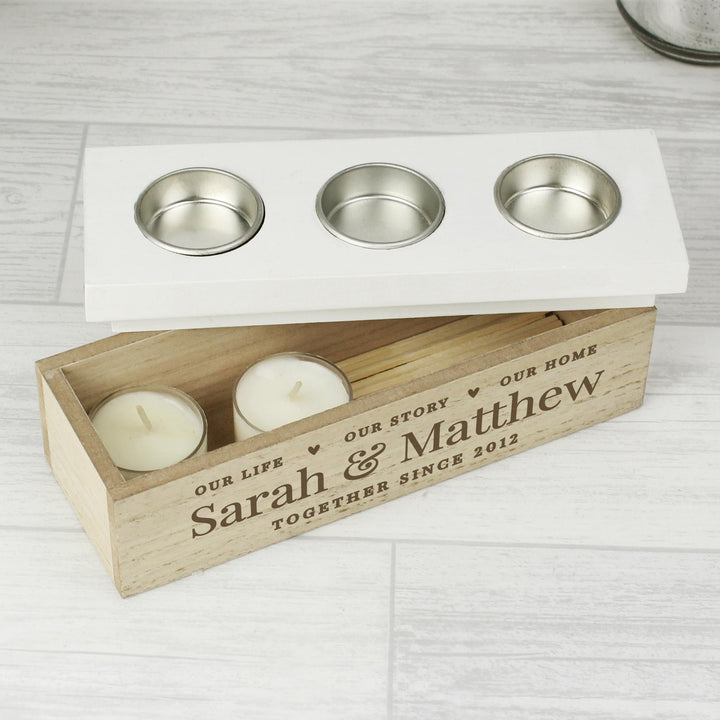 Personalised Our Life Story &amp; Home Triple Tea Light Box – alternative view