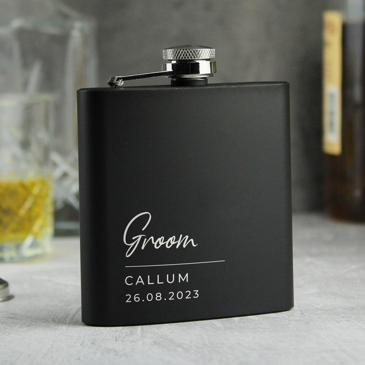 Personalised Free Text Wedding Party Black Hip Flask, The Personal Shop, personalised gifts