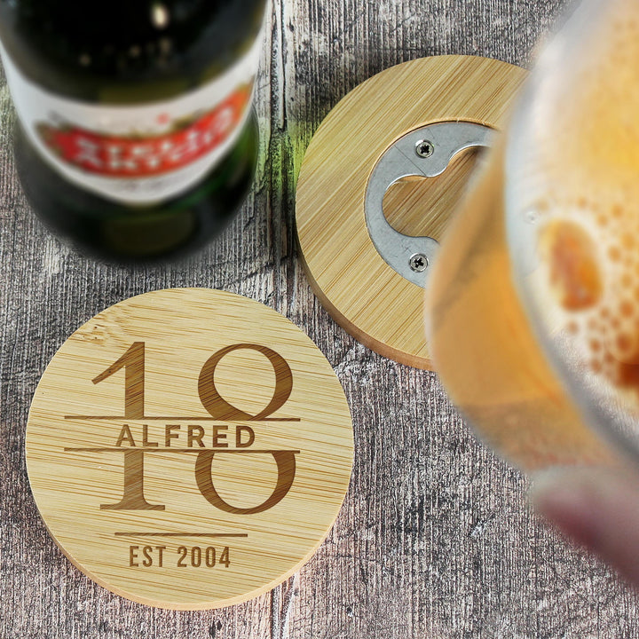 Personalised Big Age Bamboo Bottle Opener Coaster and Pint Glass Set – alternative view