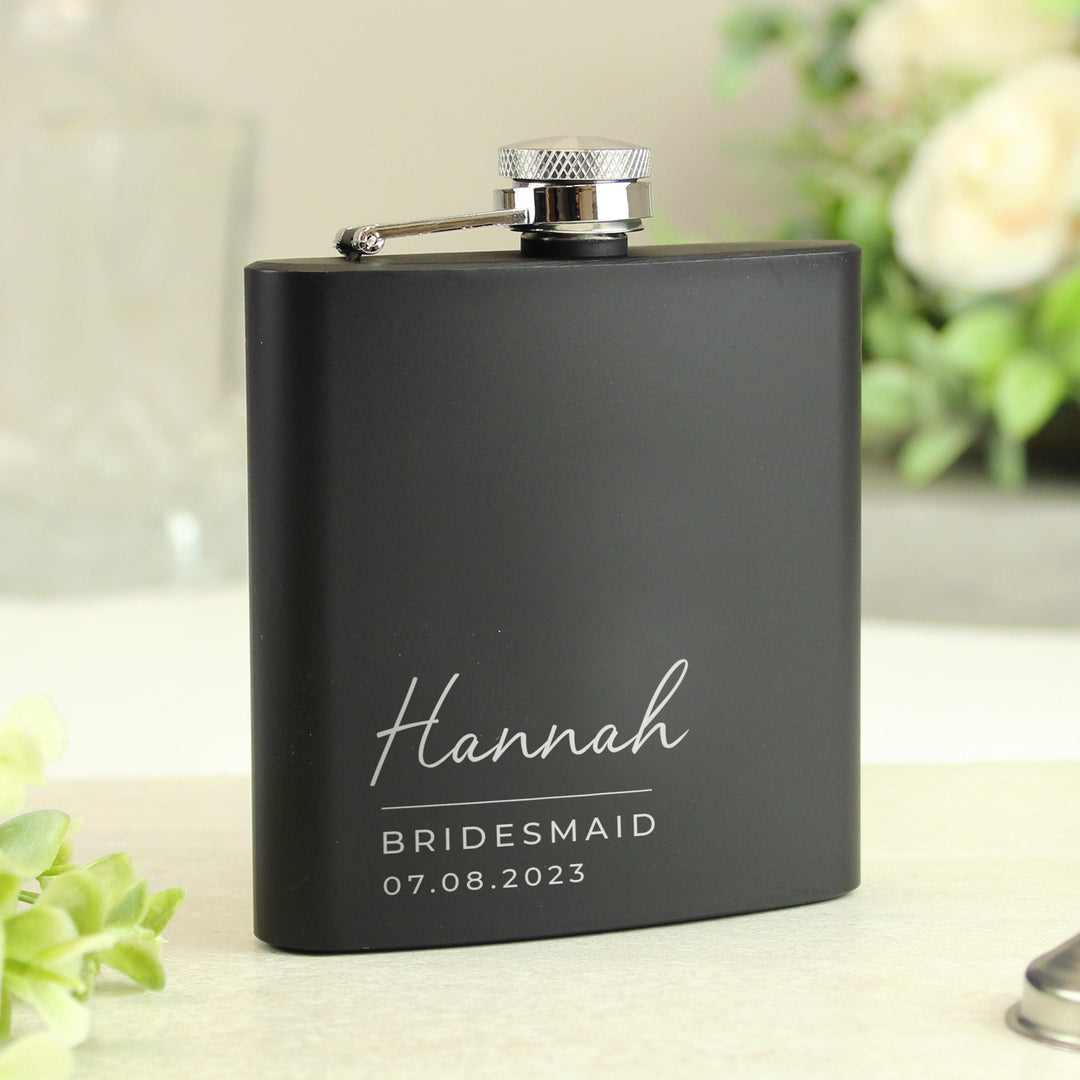 Personalised Free Text Wedding Party Black Hip Flask, The Personal Shop, personalised gifts