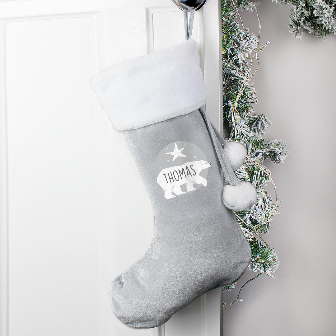 Personalised Polar Bear Luxury Silver Grey Stocking, The Personal Shop, personalised gifts