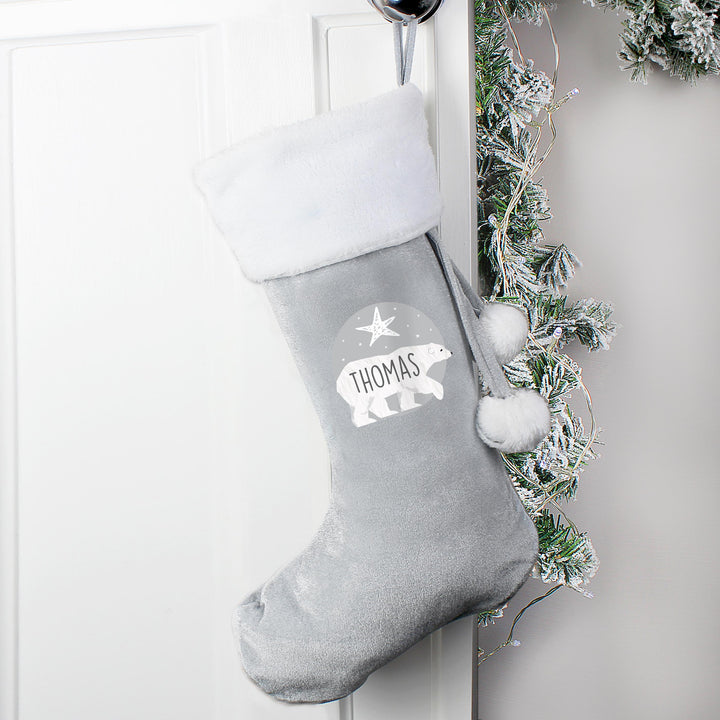 Personalised Polar Bear Luxury Silver Grey Stocking, The Personal Shop, personalised gifts
