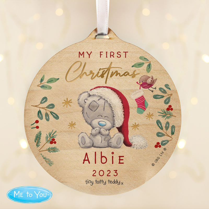 Personalised First Christmas Tiny Tatty Teddy Round Wooden Decoration