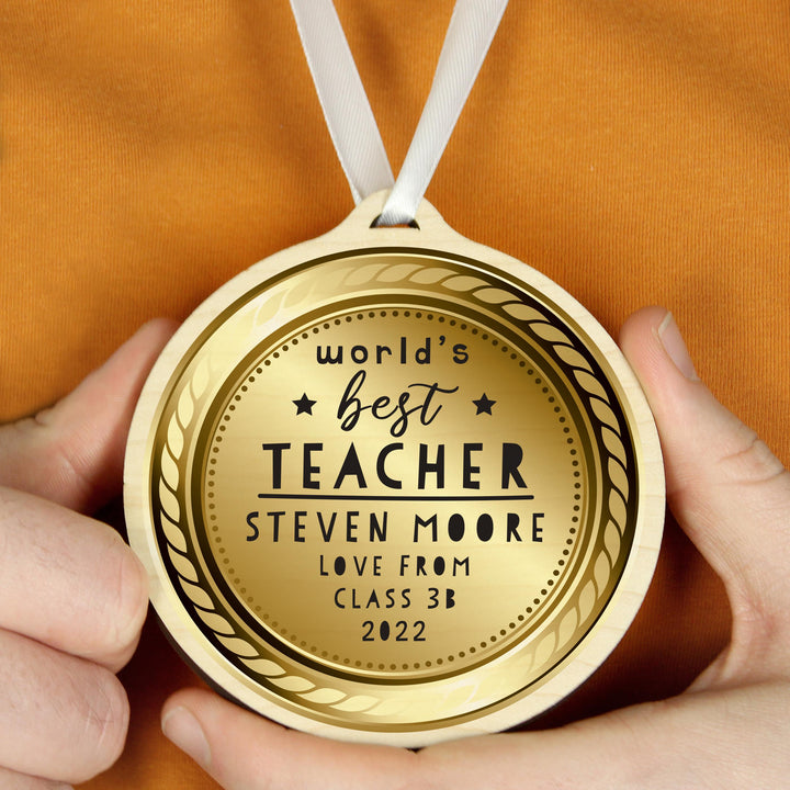 Personalised Worlds Best Teacher Round Wooden Medal – alternative view