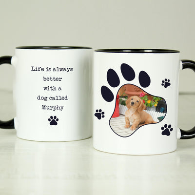 Personalised Paw Print Dog Photo Upload Black Handled Mug