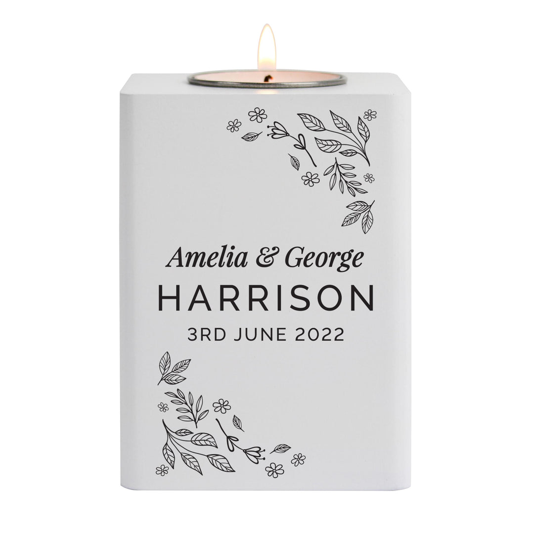 Personalised Floral Leaf White Wooden Tea Light Holder – alternative view
