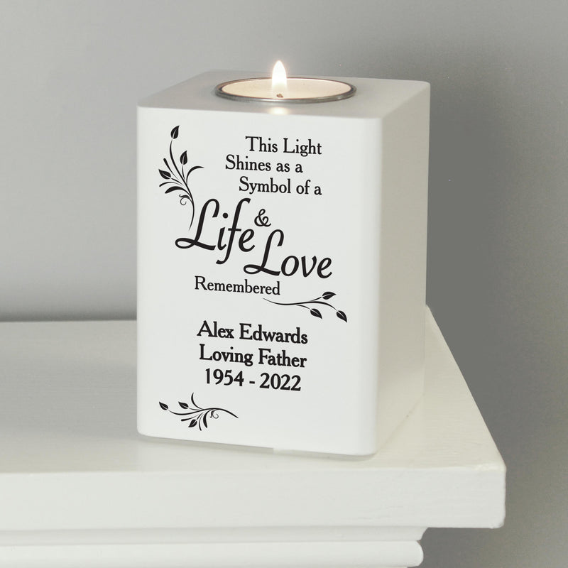 Personalised Life & Love White Wooden Tea Light Holder