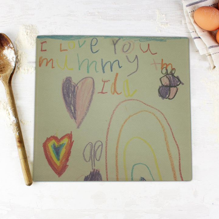 Personalised Childrens Drawing Photo Upload Glass Chopping Board/Worktop Saver - alternative view