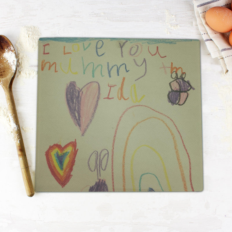 Personalised Childrens Drawing Photo Upload Glass Chopping Board/Worktop Saver