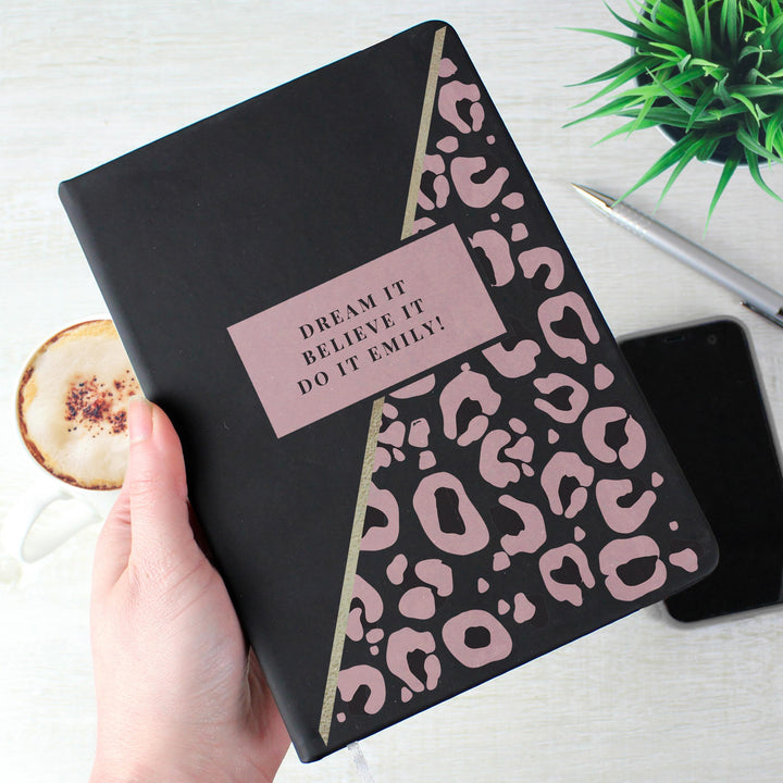 Personalised Leopard Print Black Hardback Notebook – alternative view