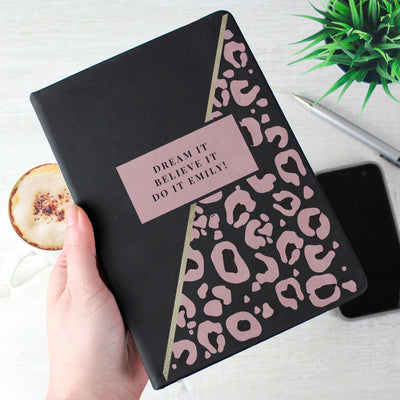 Personalised Leopard Print Black Hardback Notebook