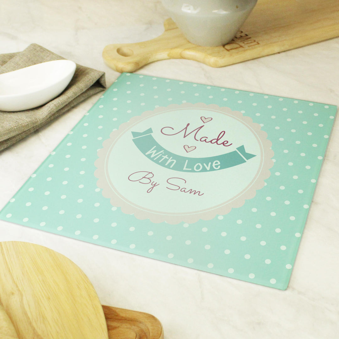 Personalised Made with Love Glass Chopping Board – alternative view