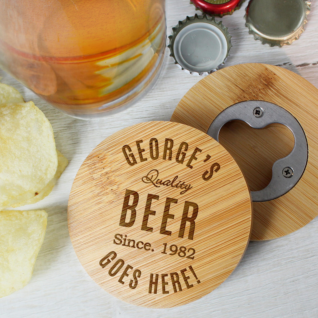 Personalised Free Text Bamboo Bottle Opener Coaster and Pint Glass – alternative view