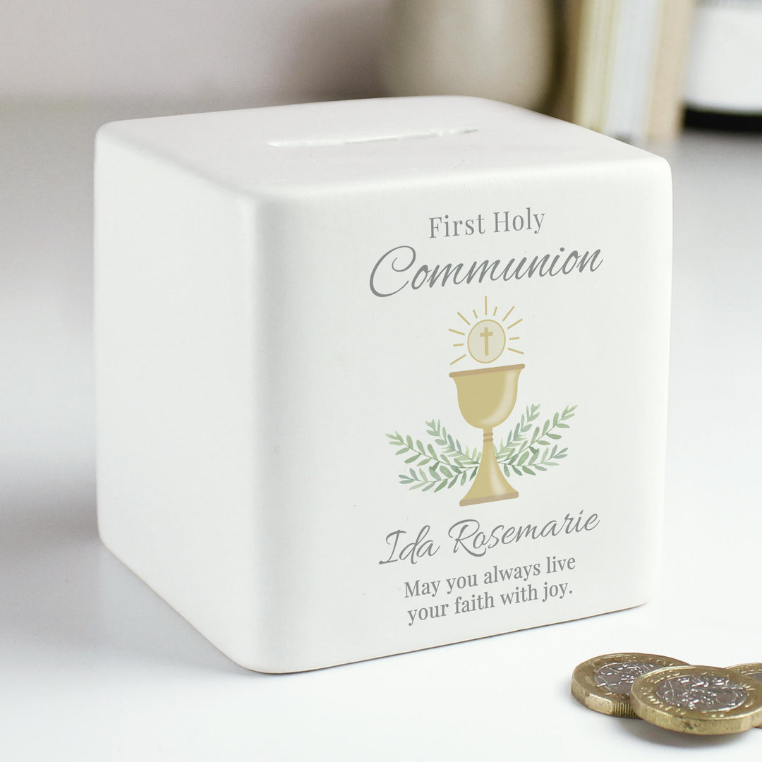 Personalised First Holy Communion Ceramic Square Money Box, The Personal Shop, personalised gifts