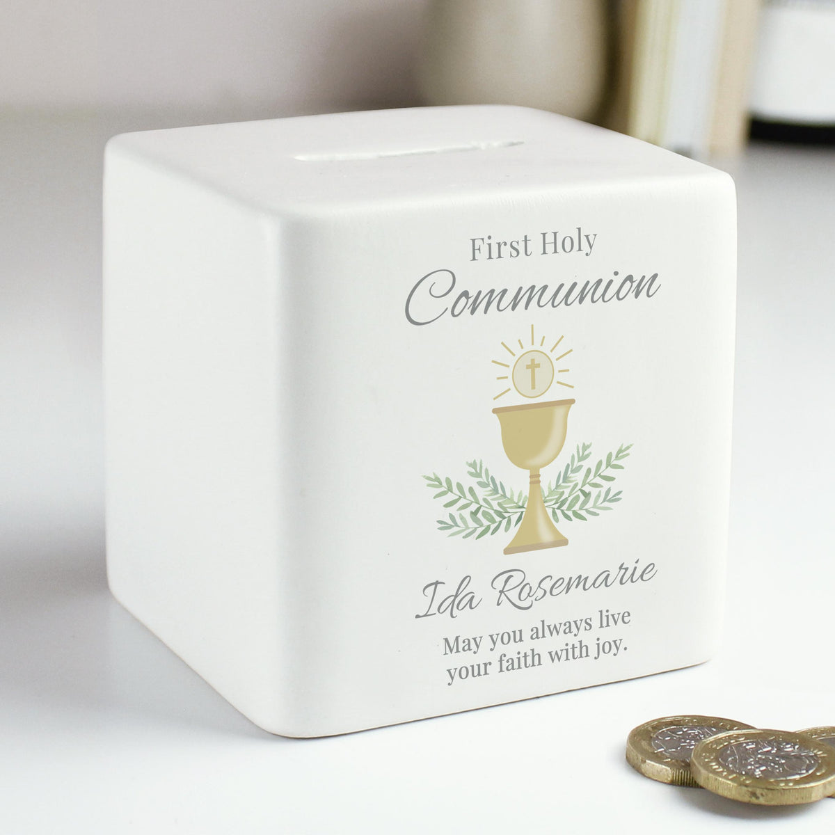 Personalised First Holy Communion Ceramic Square Money Box, The Personal Shop, personalised gifts