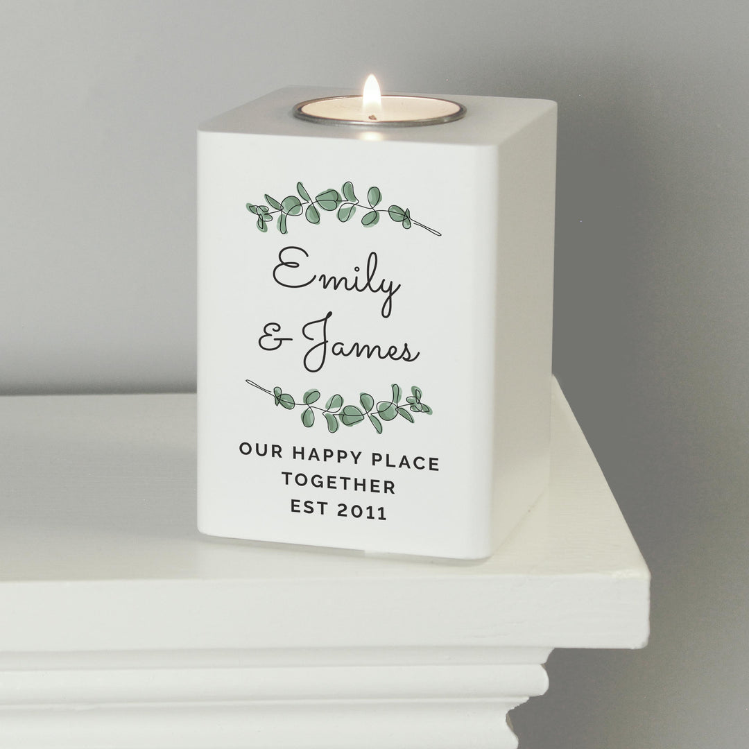 Personalised Botanical White Wooden Tea light Holder – alternative view