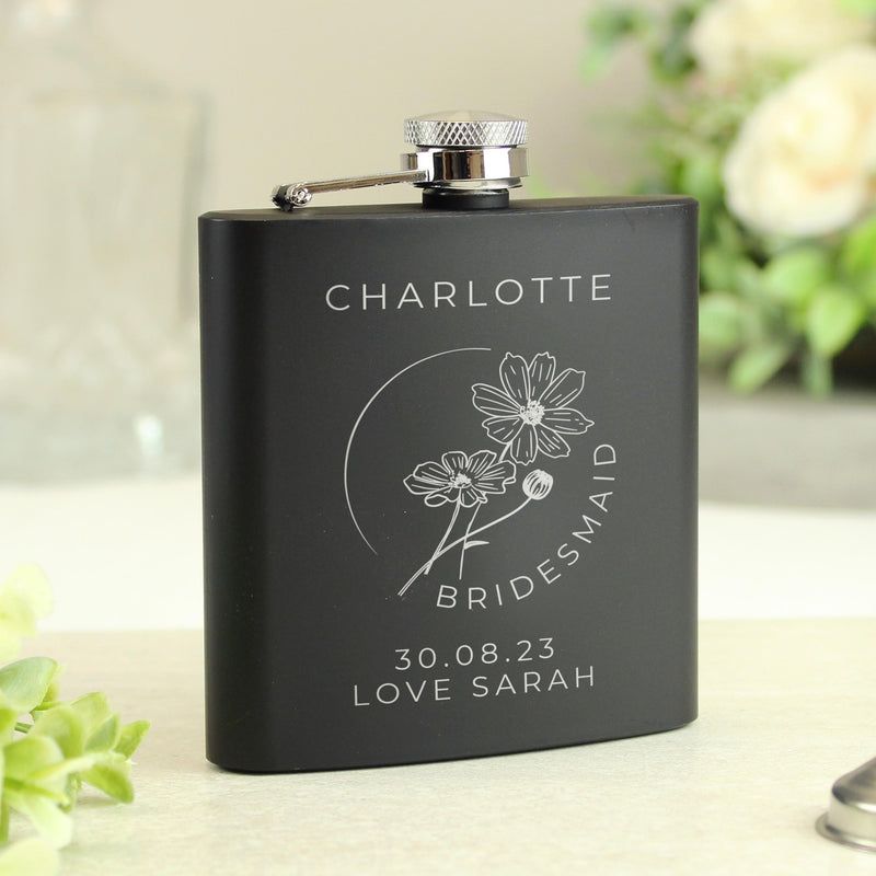 Personalised Monochrome Floral Wedding Party Black Hip Flask