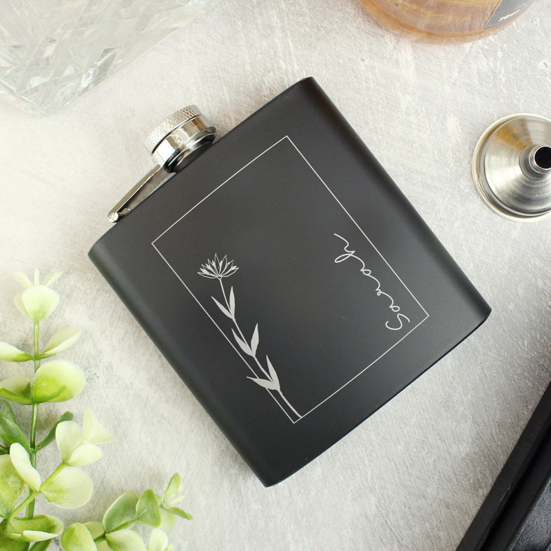 Personalised Monochrome Floral Name Wedding Party Black Hip Flask