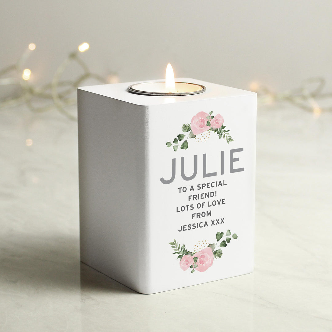 Personalised Abstract Rose White Wooden Tea light Holder – alternative view
