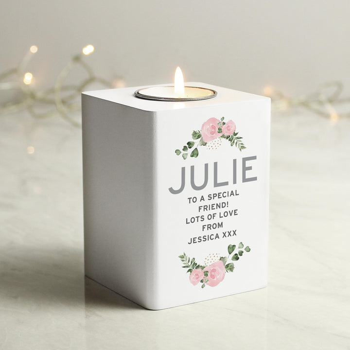 Personalised Abstract Rose White Wooden Tea light Holder – alternative view