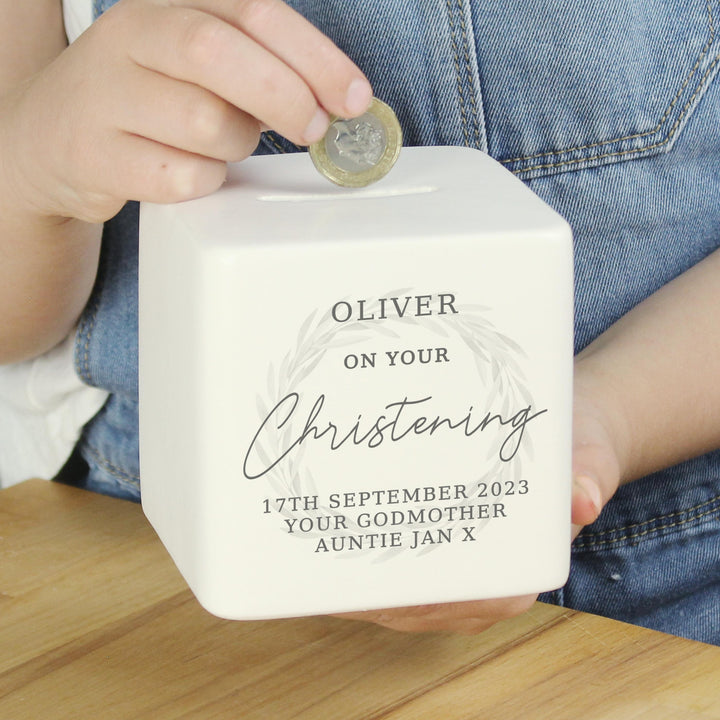 Personalised Christening Ceramic Square Money Box – alternative view