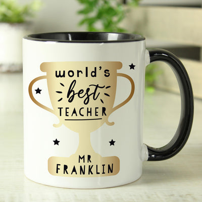 Personalised World's Best Teacher Trophy Black Handled Mug