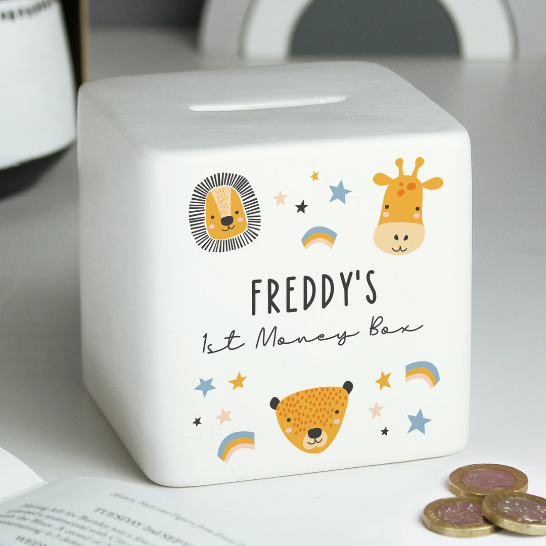 Personalised Scandi Safari Animals Ceramic Square Money Box – alternative view