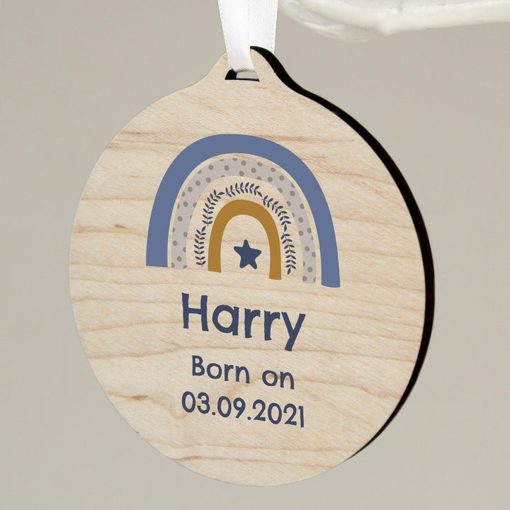 Personalised Blue Rainbow Round Wooden Decoration – alternative view