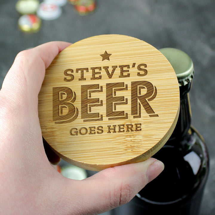 Personalised Beer Goes Here Bamboo Bottle Opener Coaster – alternative view