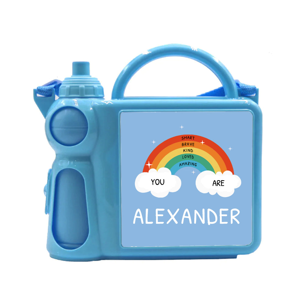 Personalised Kids Blue Lunch Box with Water Bottle